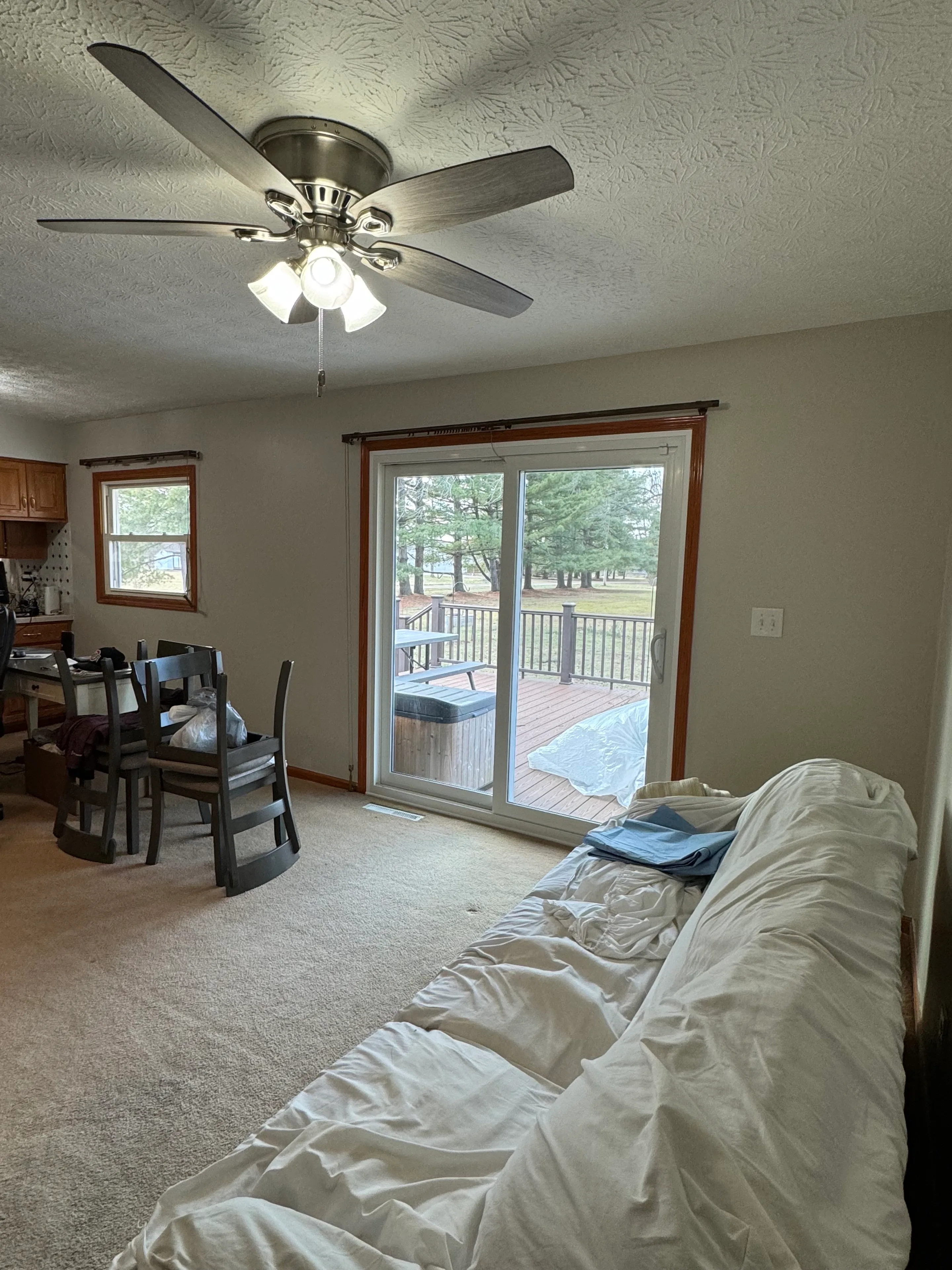 Freshly painted neutral walls around windows, a sliding door, and natural wood trim