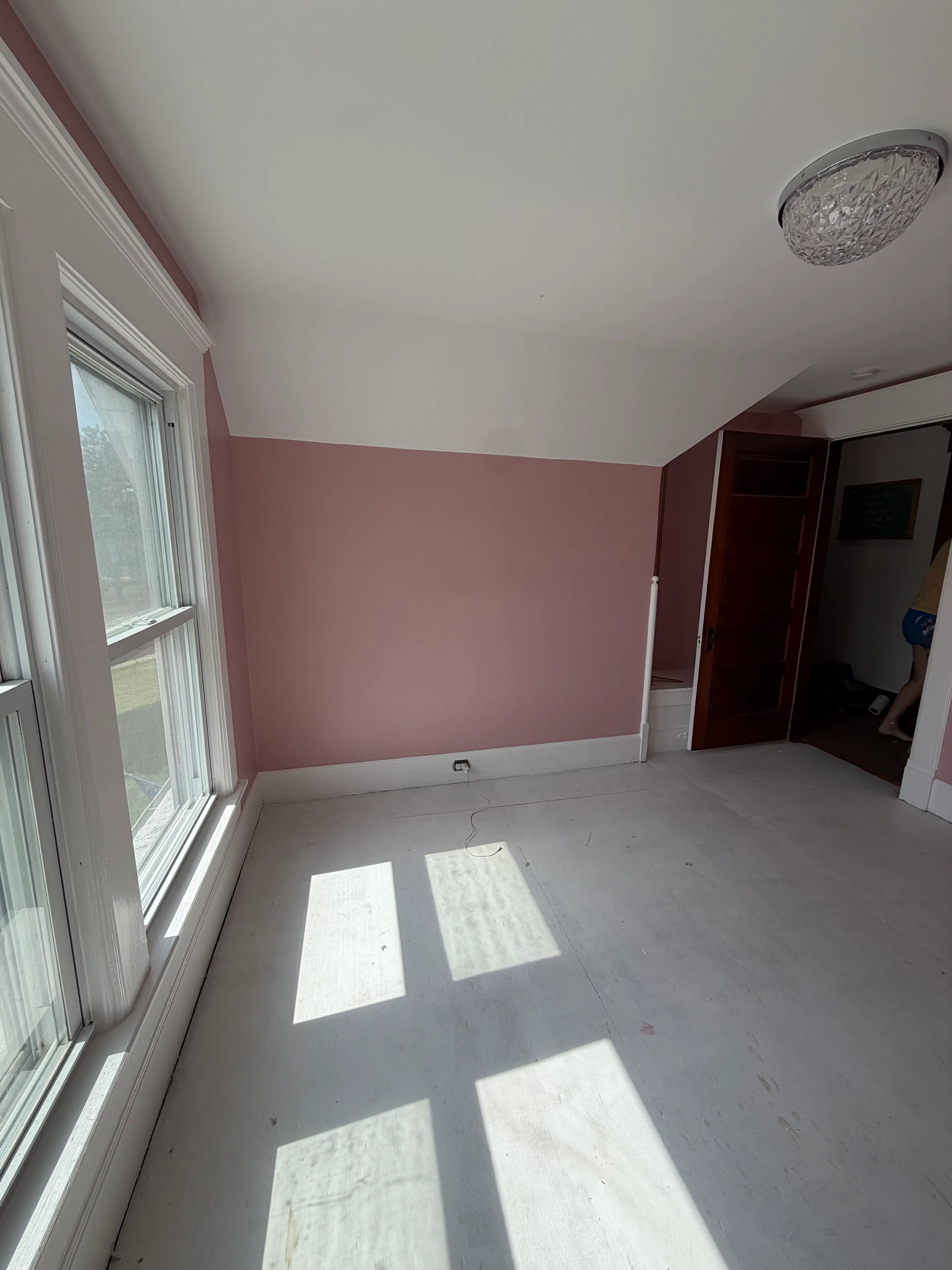 Finished rose-colored room with clean white ceiling, trim, and window edges